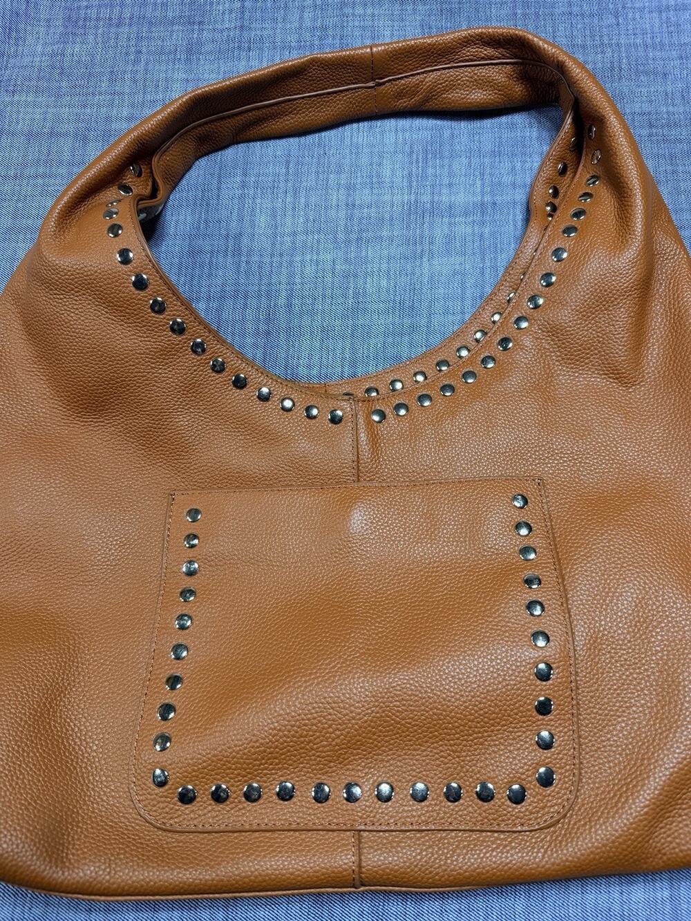 Lacco Cognac Tan Pebbled Leather Hobo Shoulder Bag Studded Slouchy Tote NWOT